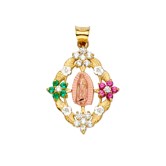 14K Two-Tone Gold Floral Our Lady of Guadalupe Pendant with Multicolor CZ Stones