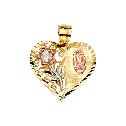 14K Tri-Color Gold Heart Guadalupe & Rose Medal Pendant