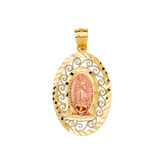 14K Tri-Color Filigree Oval Virgen de Guadalupe Pendant