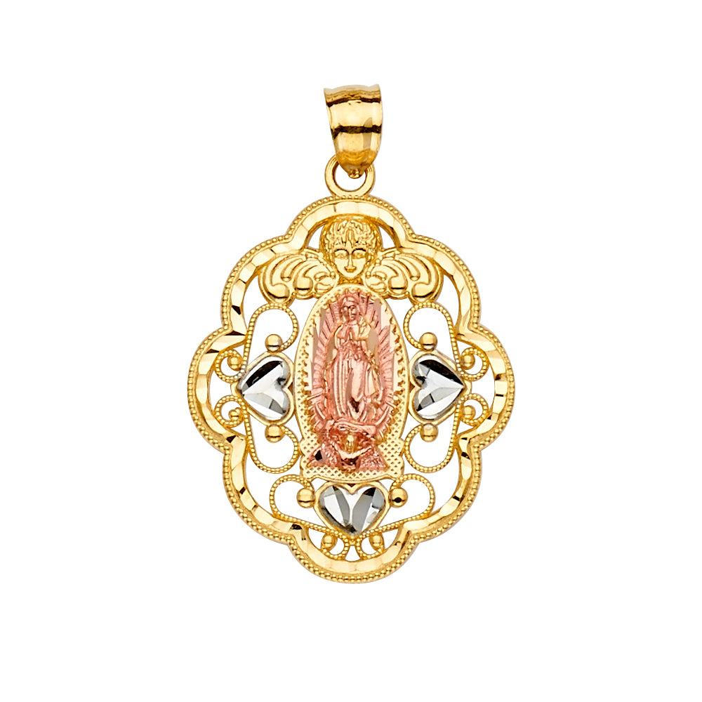 14K Tri-Color Gold Virgen de Guadalupe Filigree Heart Pendant