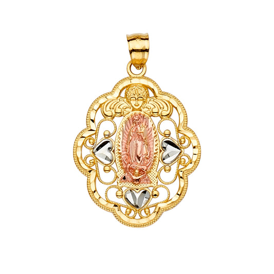 14K Tri-Color Gold Virgen de Guadalupe Filigree Heart Pendant