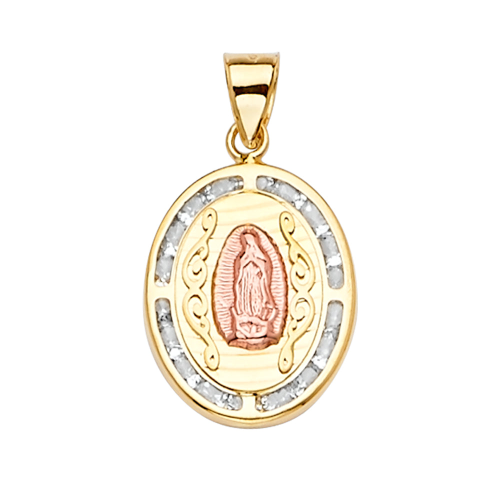 14K Two-Tone Gold Virgin Guadalupe Oval Medallion CZ Pendant aprox 1" tall