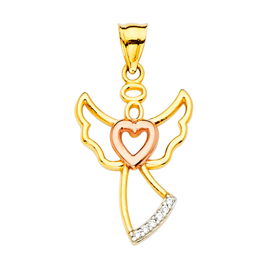 14K Tri-Color Gold Open Heart Angel Pendant accented with Cubic Zirconia