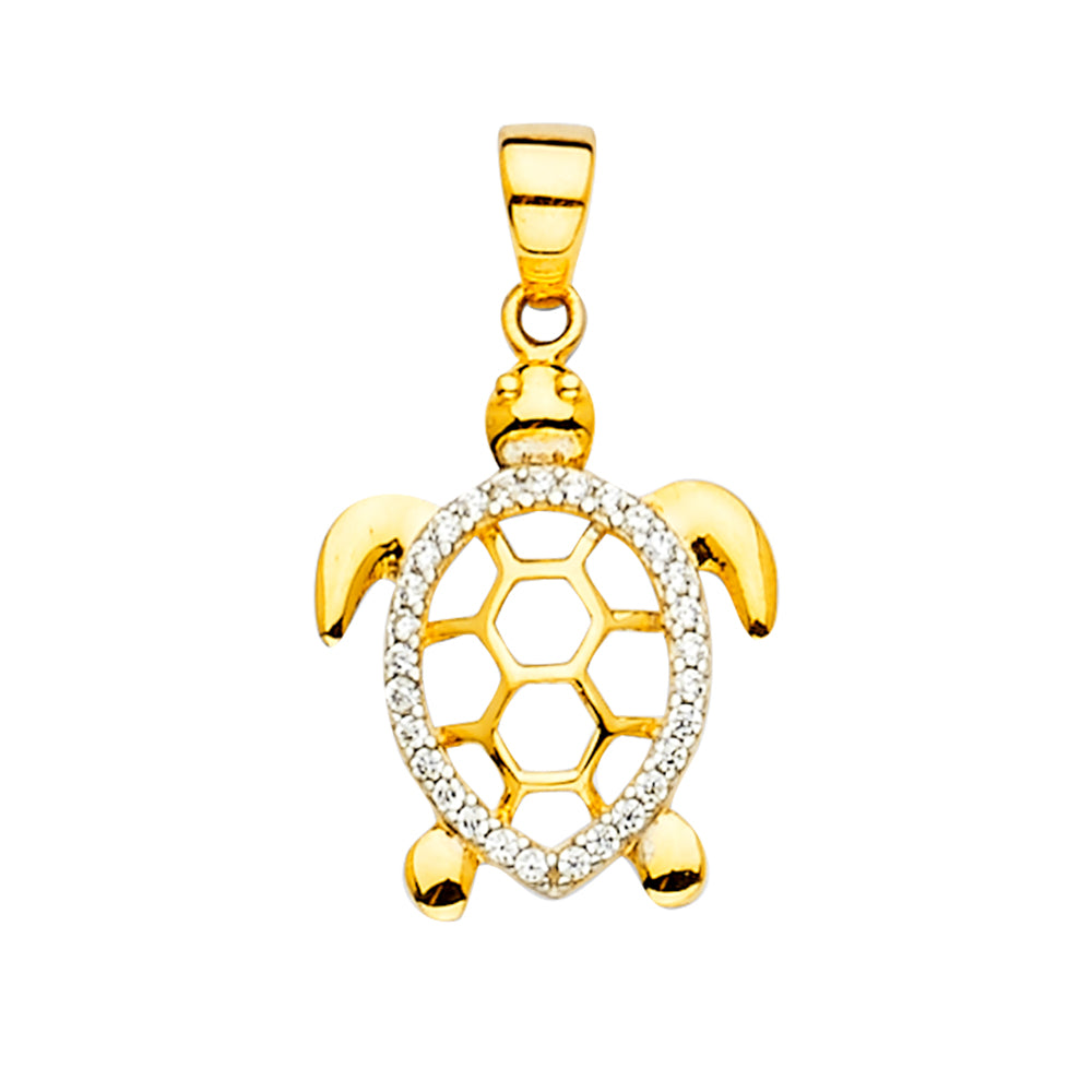 14K Yellow Gold Turtle White CZ Pendant aprox 1" Tall