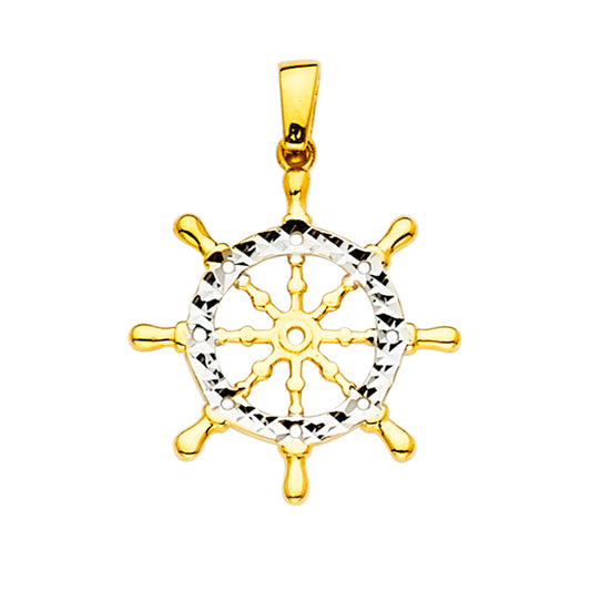 14K Two-Tone Gold Ship Wheel Pendant