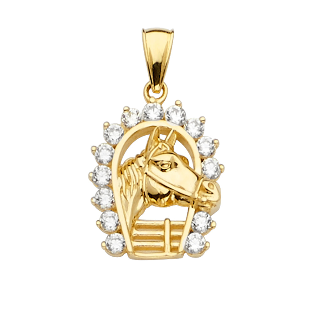 14K Yellow Gold Horse Head Pendant with CZ Stones