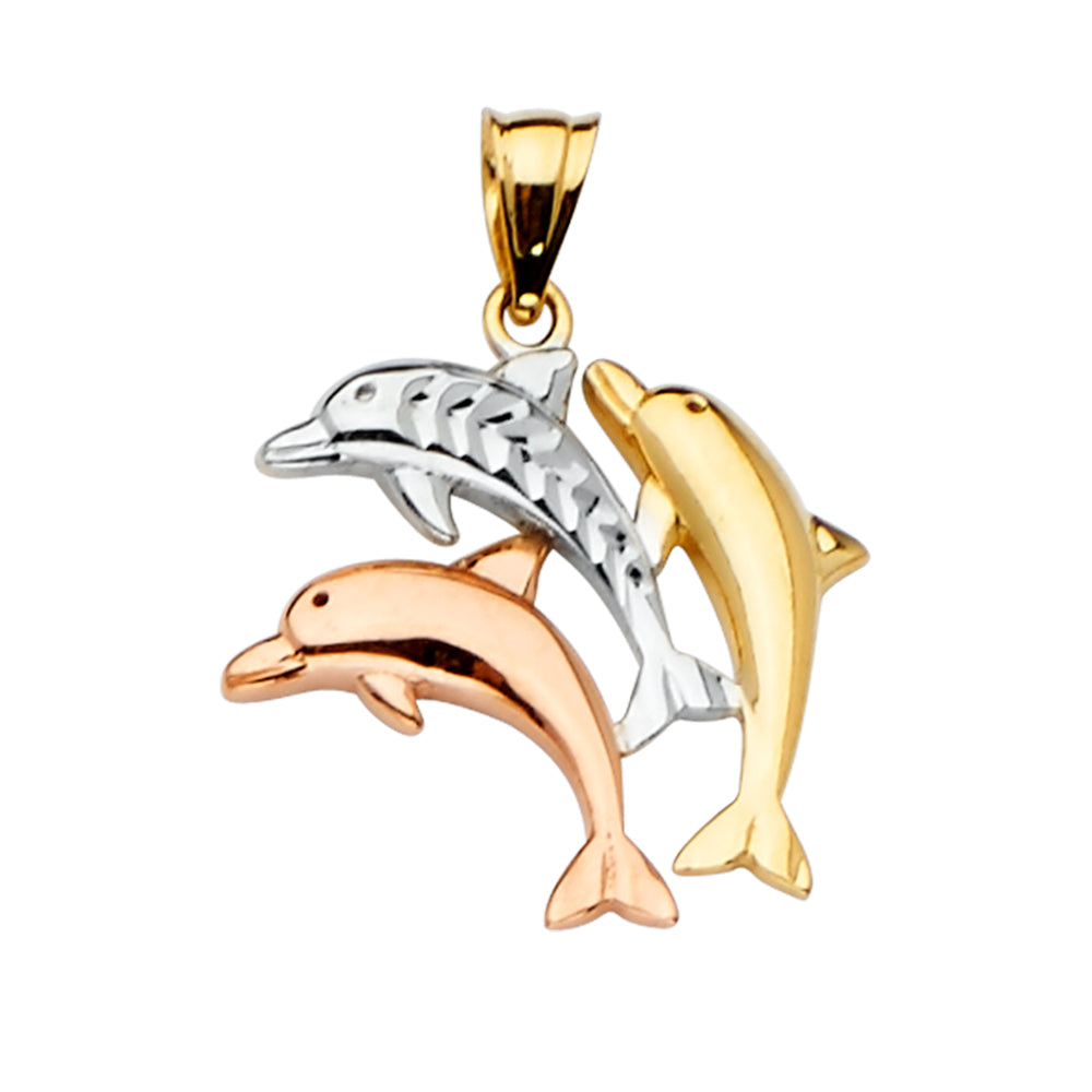 14K Tri-Color Gold Triple Dolphin Pendant aprox 1" Tall