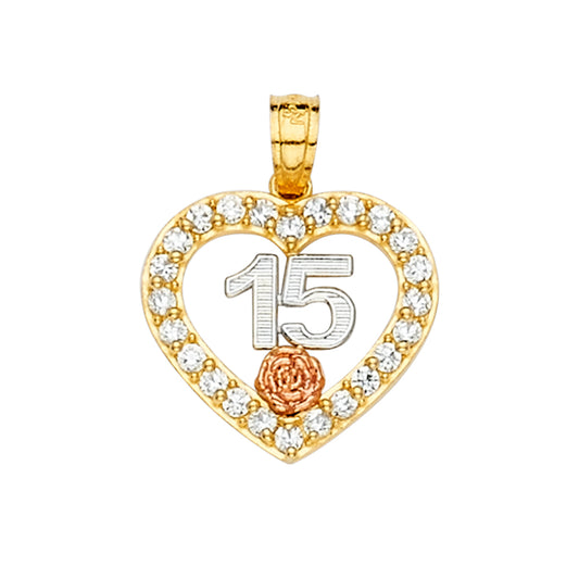 14K Tri-Color Gold Quinceañera Heart Pendant with Rose and Cubic Zirconia