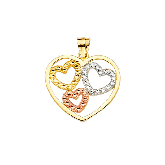 14K Tri-Color Gold Multiple Hearts Pendant