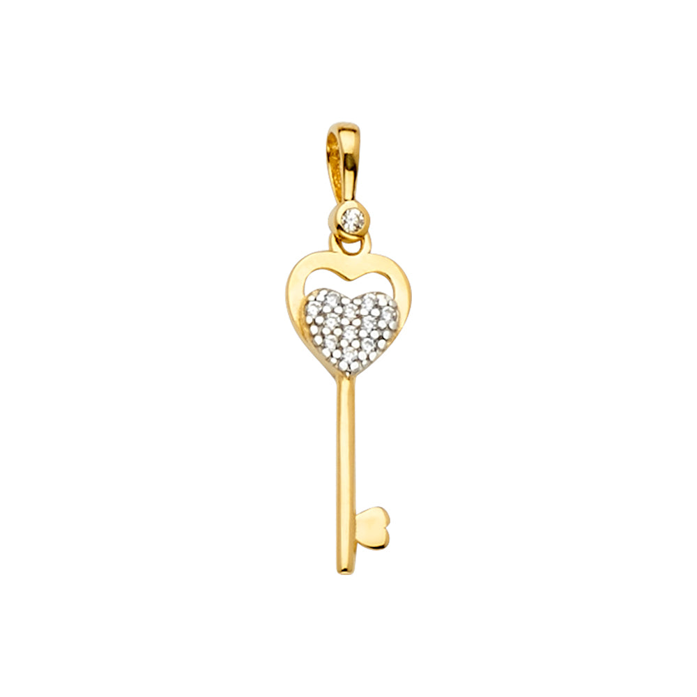 14K Yellow Gold Heart Key Pendant accented with Cubic Zirconia