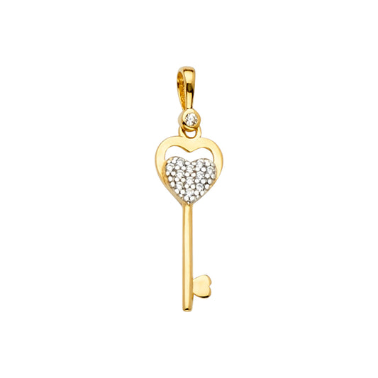 14K Yellow Gold Heart Key Pendant accented with Cubic Zirconia