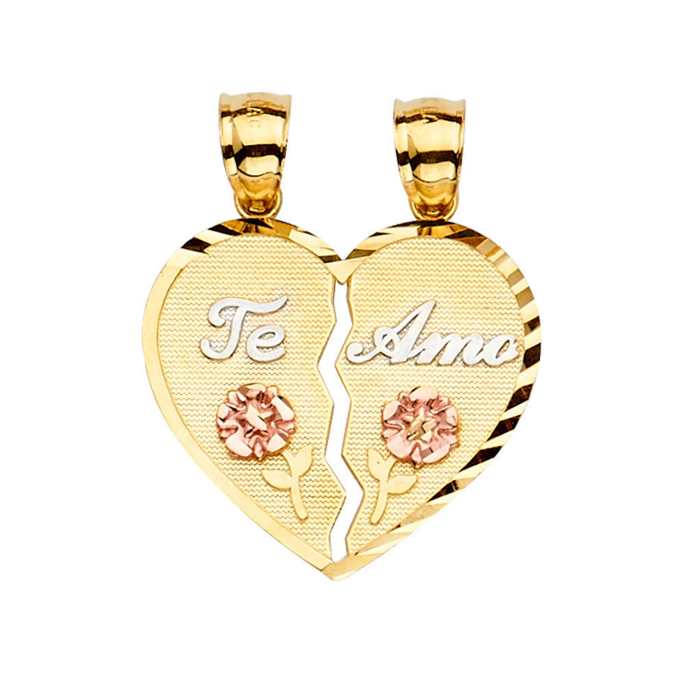 14K Tri-Color Gold Double Sided “Te Amo” Broken Heart Design Pendant