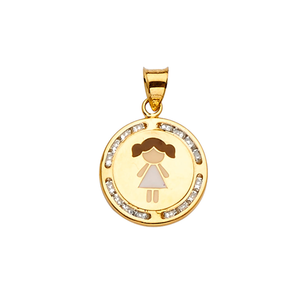 14K Yellow Gold Girl Medallion Pendant with CZ Border