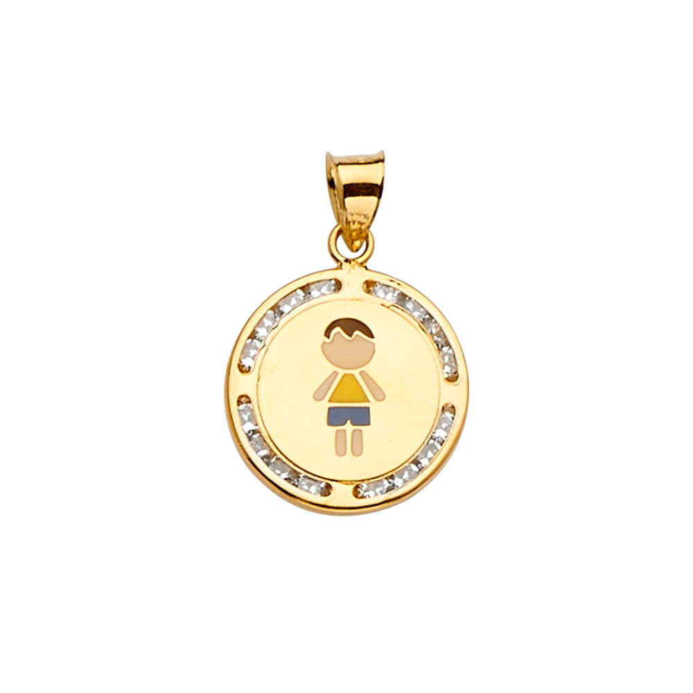 14K Yellow Gold Boy Medallion Pendant with CZ Border