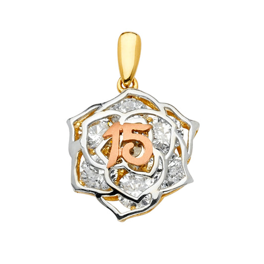 14K Tri-Color Gold Quinceañera Rose Pendant