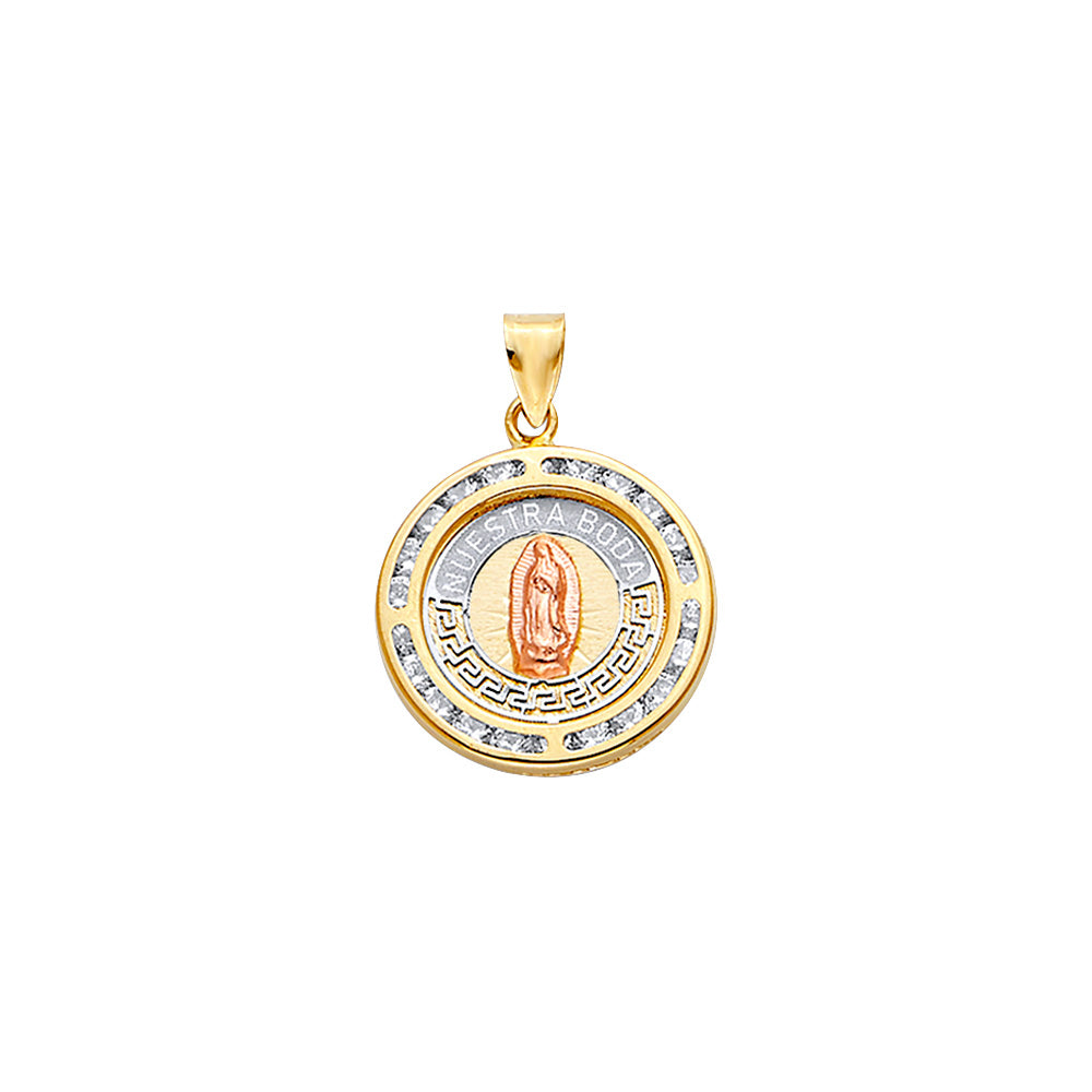 14K Tri-Color Gold Our Lady of Guadalupe Round Medallion CZ Pendant