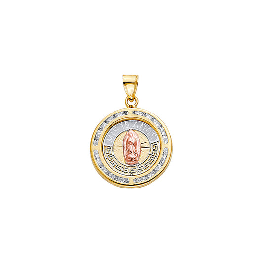 14K Tri-Color Gold Mis 15 Años Round Virgen de Guadalupe Pendant with Cubic Zirconia
