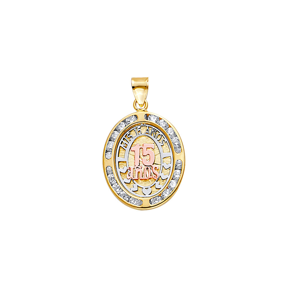 14K Tri-Color Gold Mis 15 Años Oval Pendant with CZ Accents