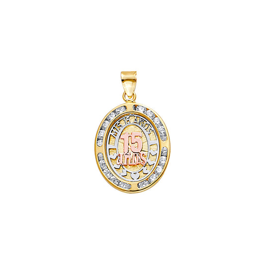 14K Tri-Color Gold Mis 15 Años Oval Pendant with CZ Accents