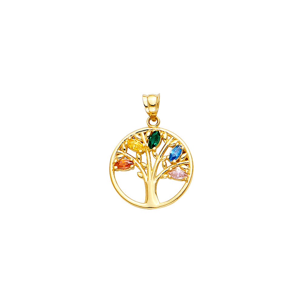 14K Yellow Gold Tree of Life Pendant with Multicolor CZ Stones