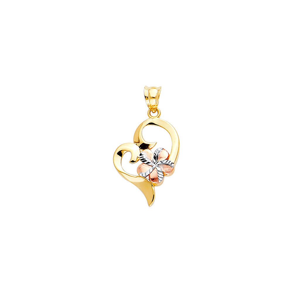 14K Tri-Color Gold Heart & Flower Pendant