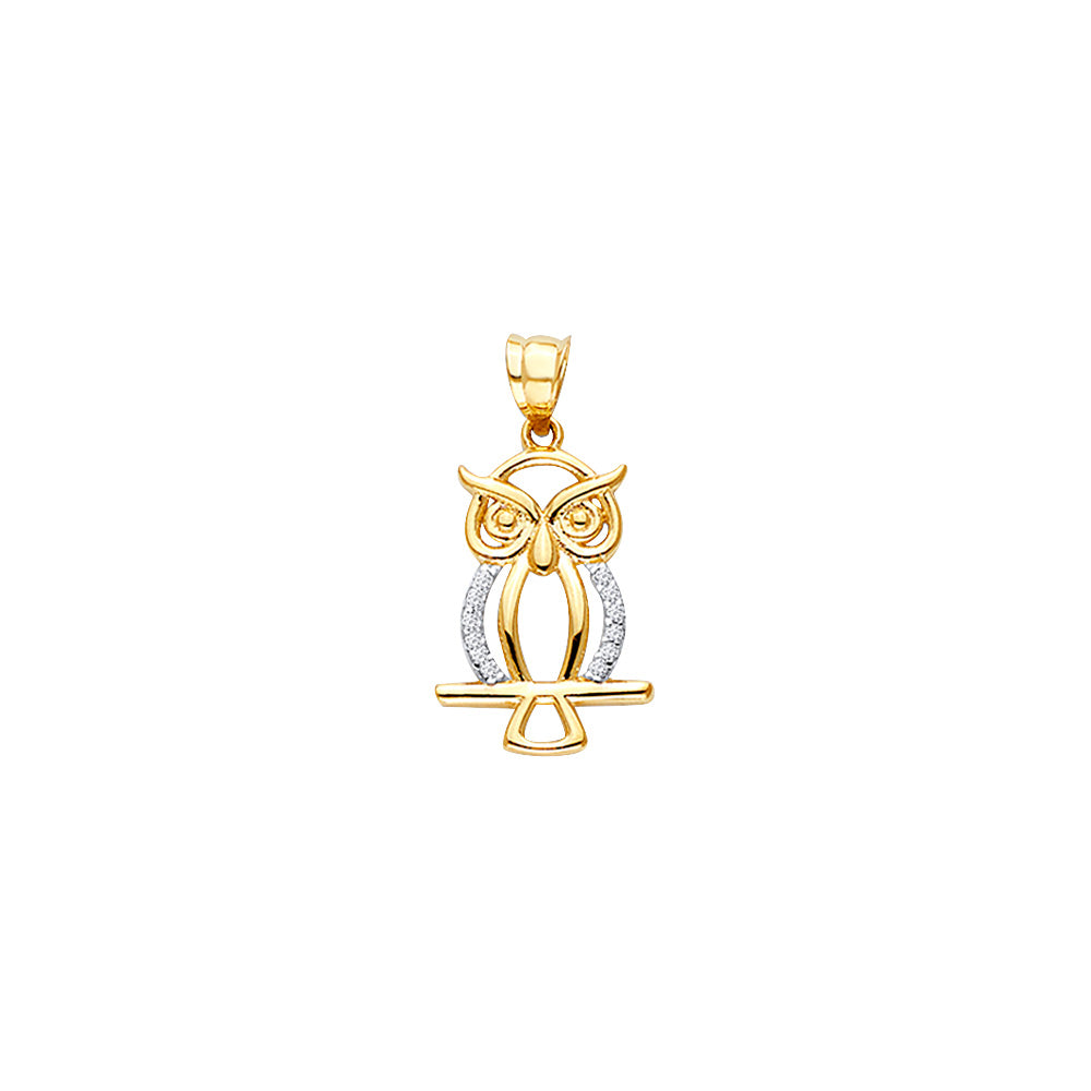 14K Two-Tone Gold Owl Pendant 1" Tall