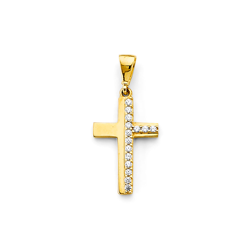 14K Yellow Gold Single Row CZ Cross Pendant aprox 1" tall