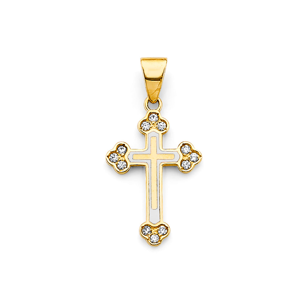 14K Two-Tone Gold CZ Floral Tip Cross Pendant aprox 1" tall