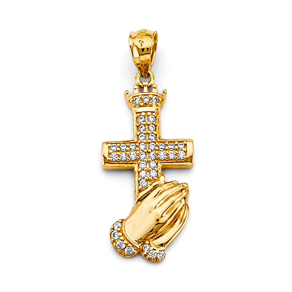 14K Yellow Gold Praying Hands Cross CZ Pendant