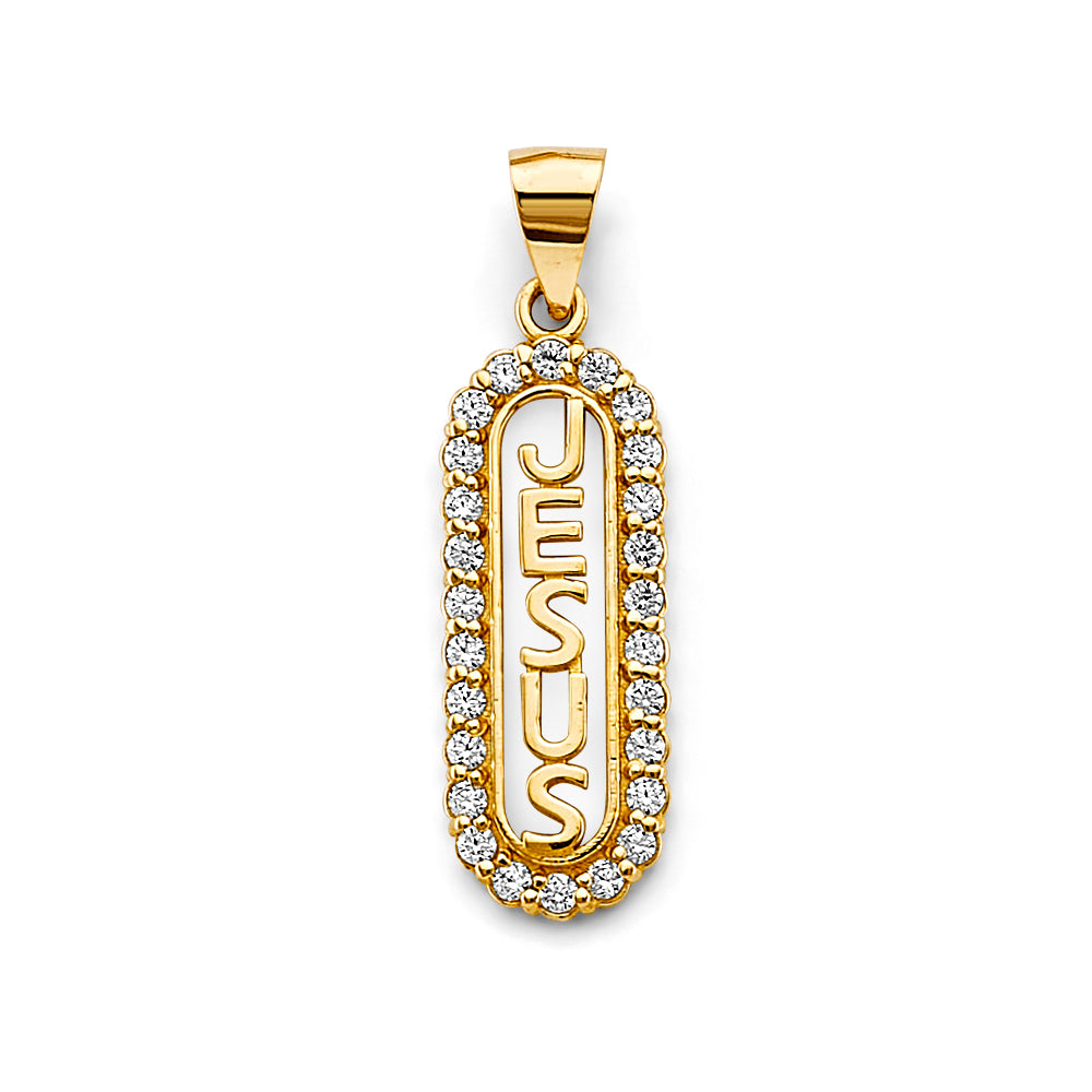 14K Yellow Gold Jesus Vertical Name CZ Pendant