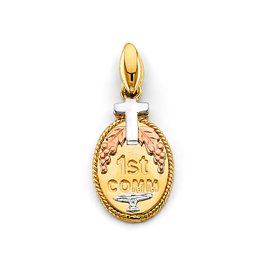 14K Tri-Color Gold 1st Communion Oval Pendant