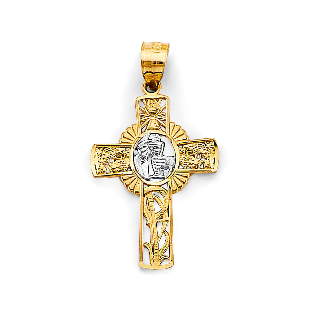 14K Two-Tone Gold Filigree Crucifix Pendant