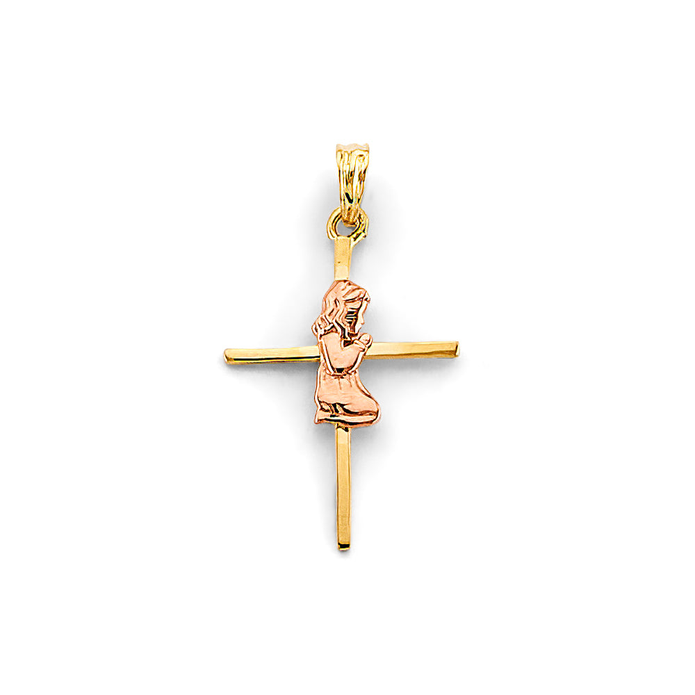 14K Two-Tone Gold Praying Girl Cross Pendant