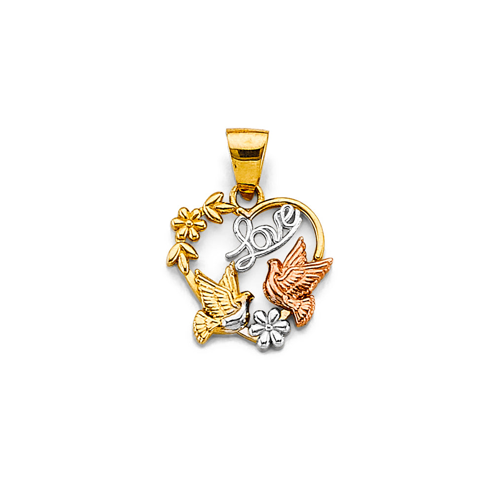 14K Tri-Color Gold Love Doves Heart Pendant