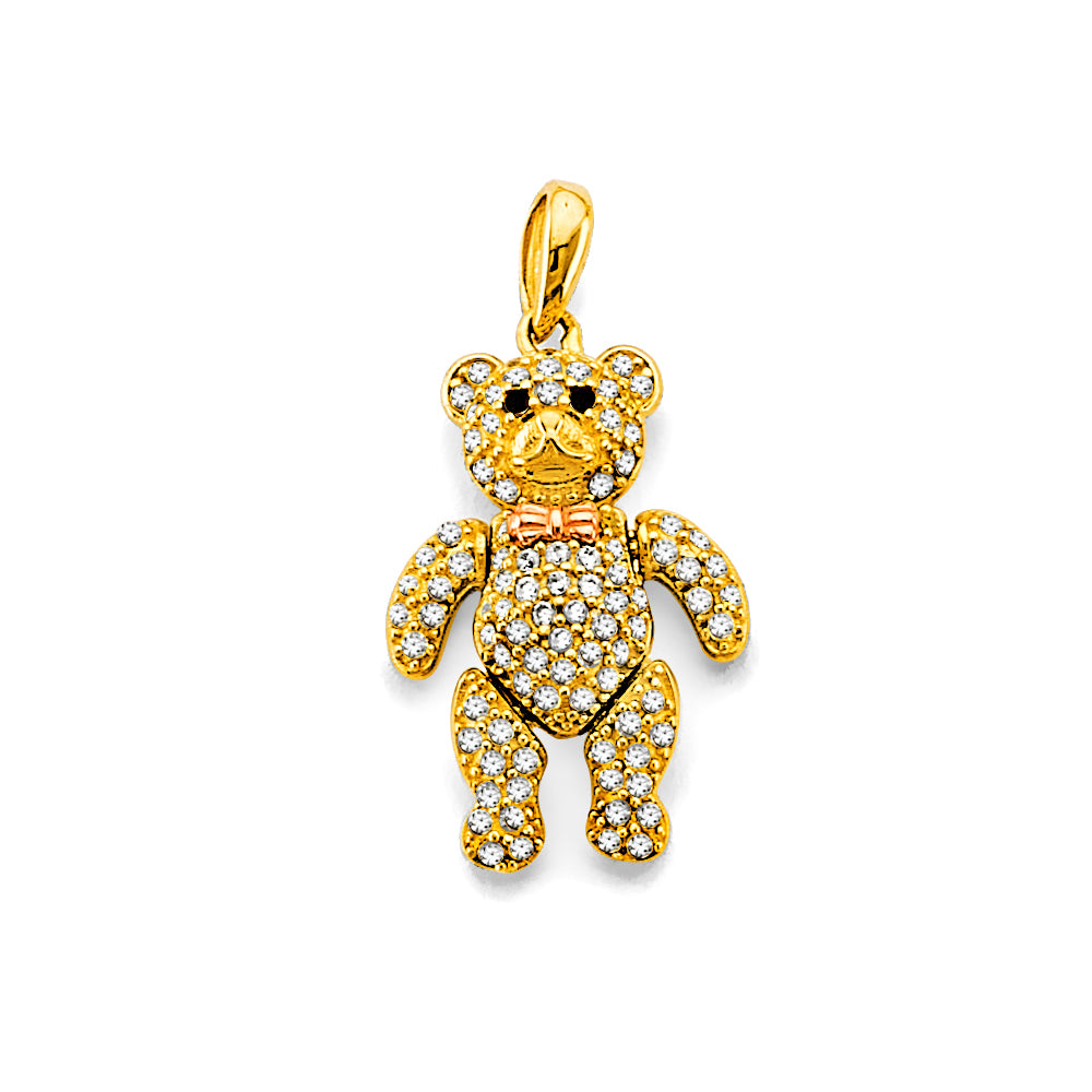 14K Two-Tone Gold Teddy Bear CZ Pendant with Bow Tie
