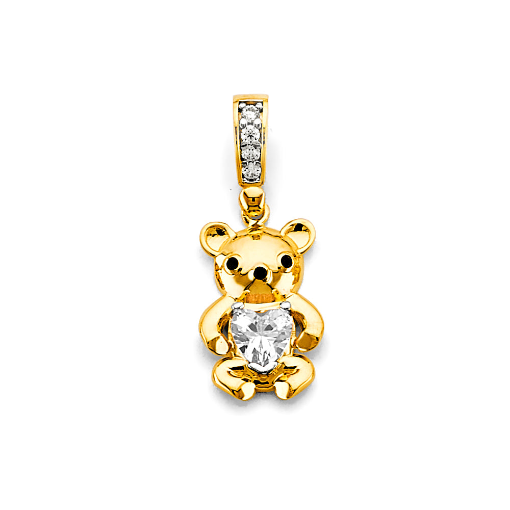 14K Yellow Gold Teddy Bear CZ Pendant Holding Heart-Shaped CZ