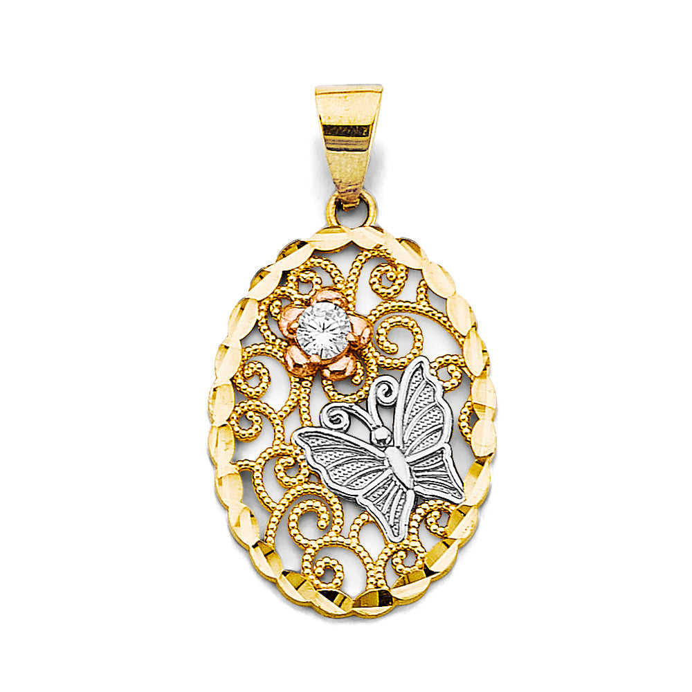 14K Tri-Color Gold Filigree Oval Butterfly & Flower CZ Pendant