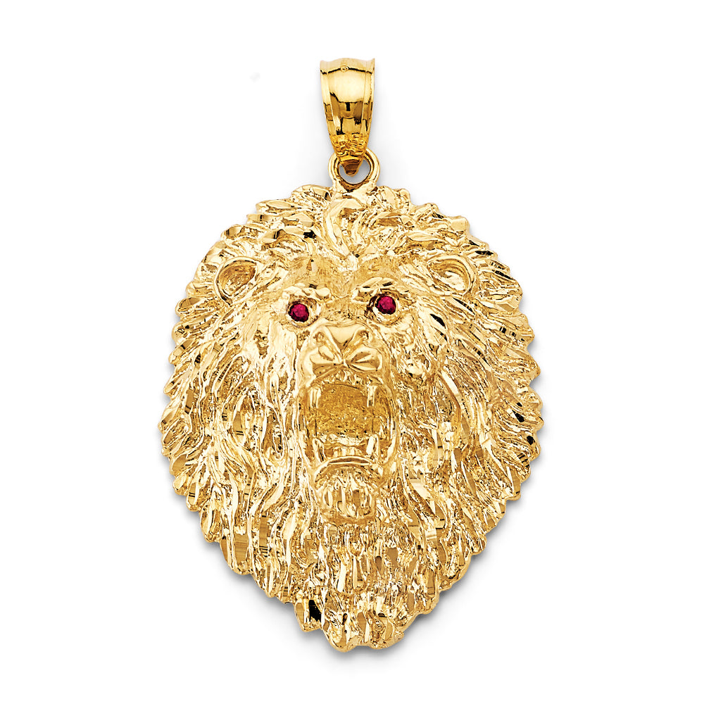 14K Yellow Gold Lion Head Pendant with Ruby Accent Eyes 2.6" Tall