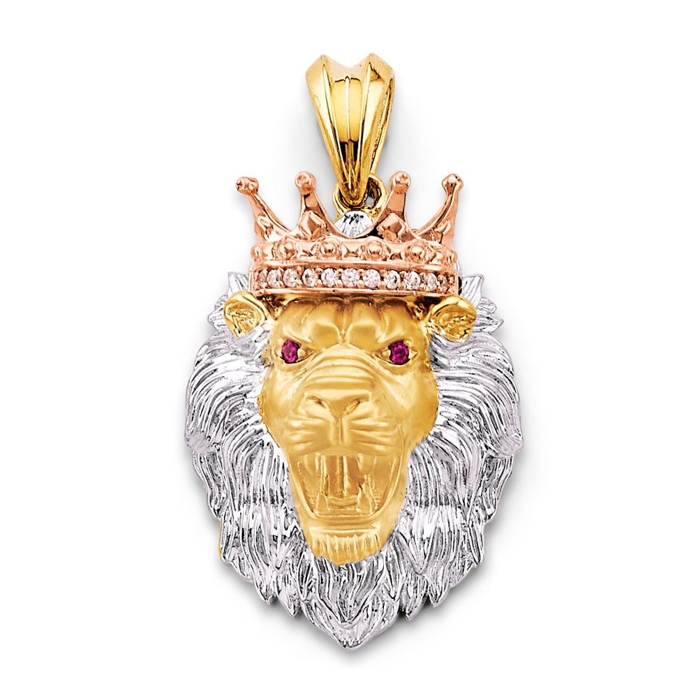 14K Tri-Color Gold Lion Head with Crown CZ Pendant 1.8" Tall