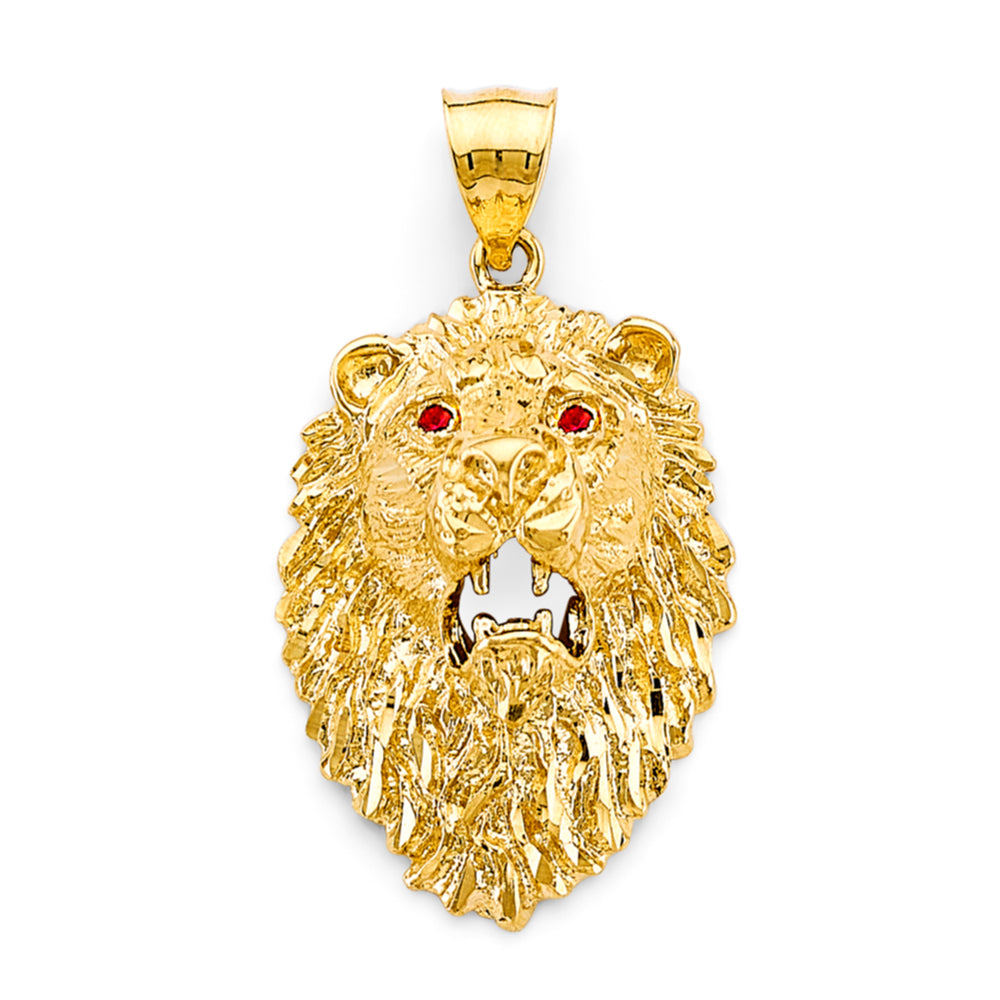 14K Yellow Gold Lion Head Pendant with Ruby Accent Eyes 1.8" Tall
