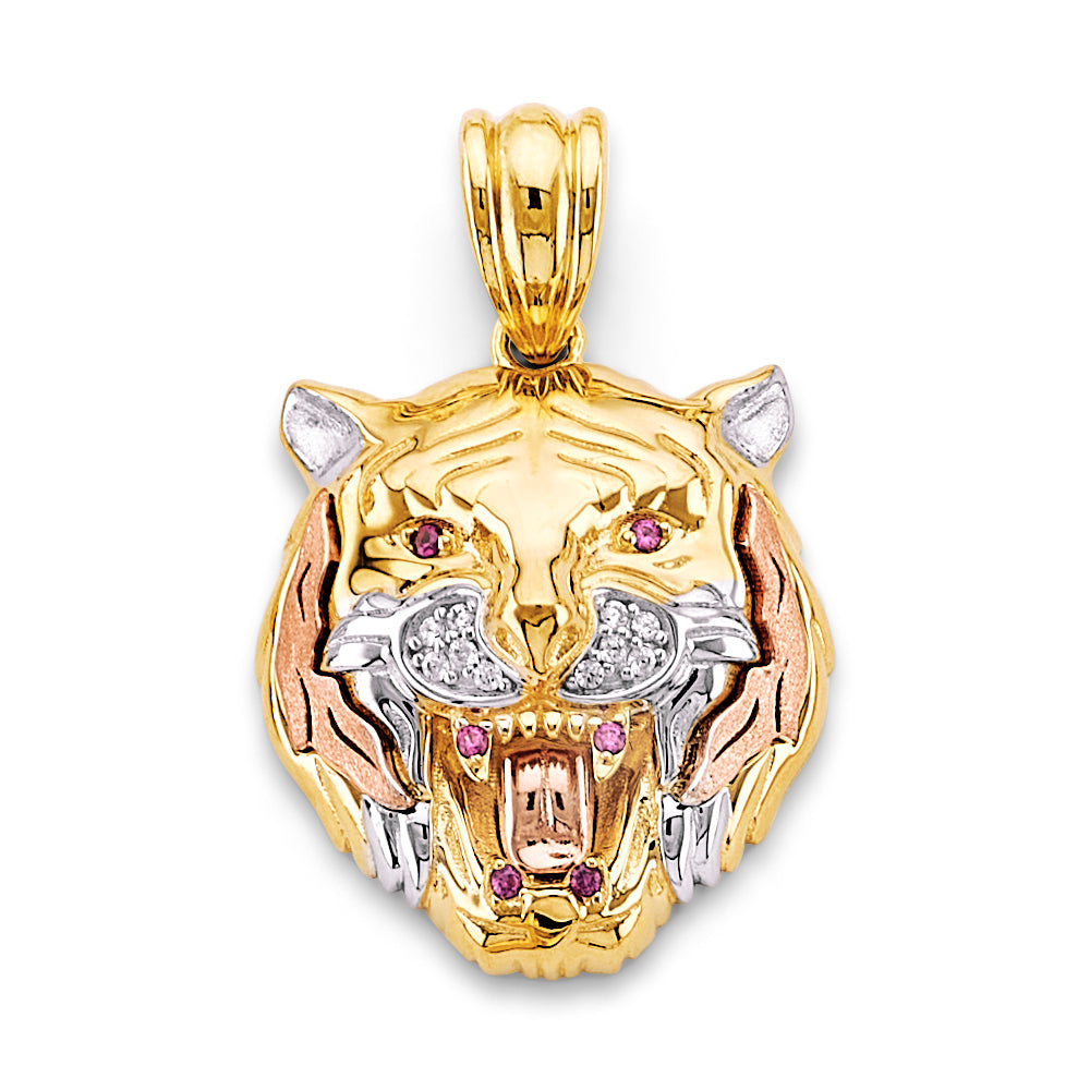 14K Tri-Color Gold Tiger Head CZ Pendant 1.3" tall