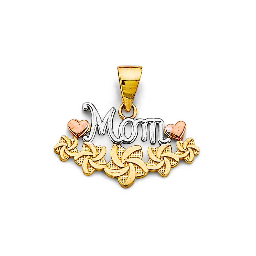 14K Tri-Color Gold Mom Pendant with Heart and Floral Accents