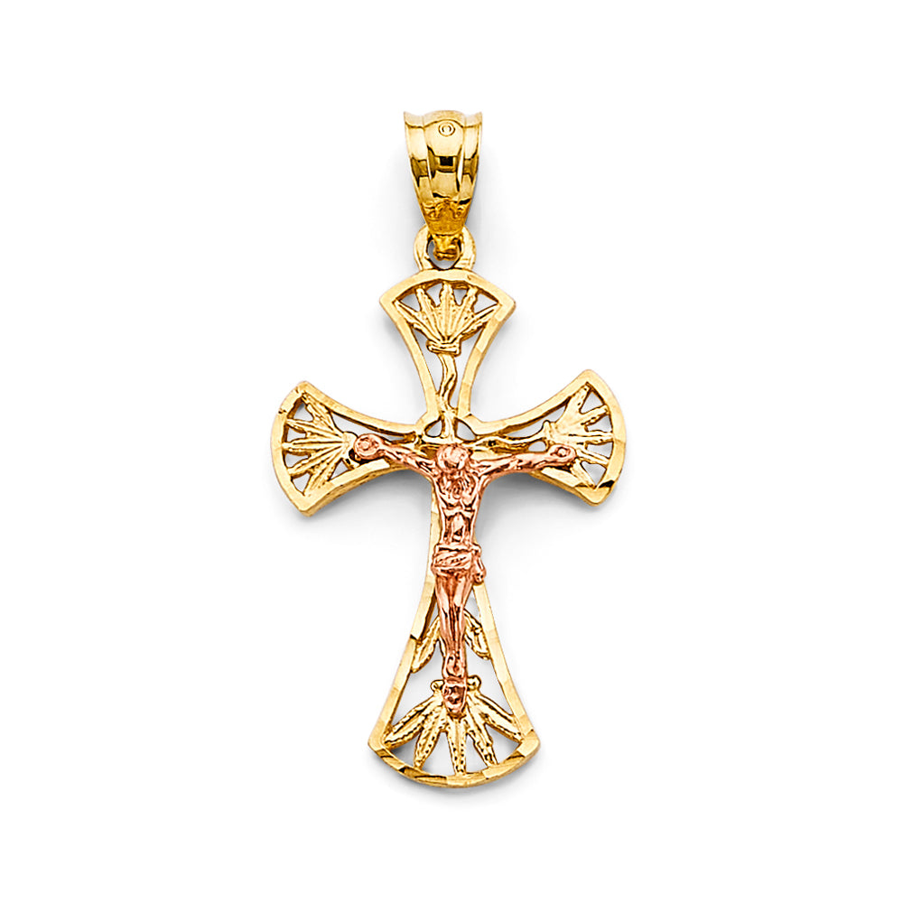 14K Two-Tone Gold Sunburst Design Crucifix Pendant