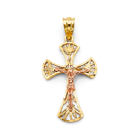 14K Two-Tone Gold Sunburst Design Crucifix Pendant