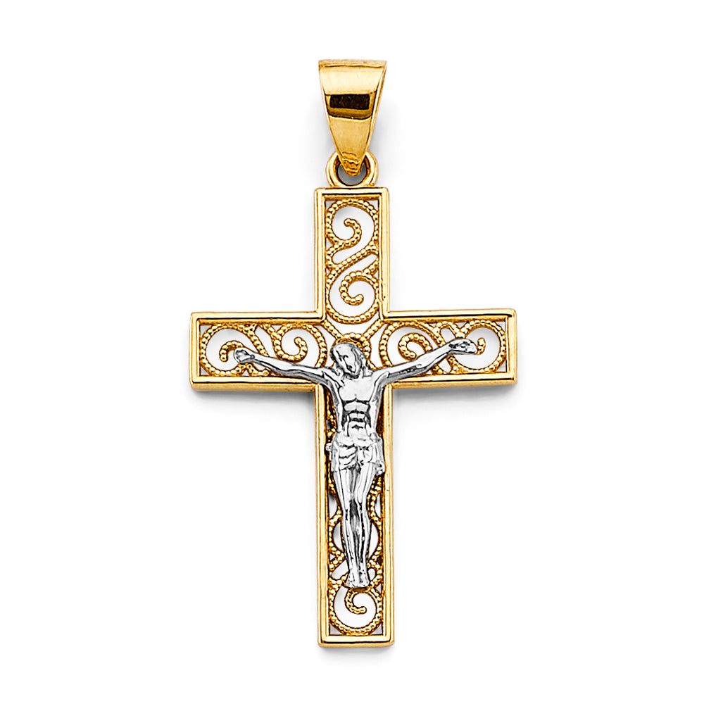 14K Two-Tone Gold Filigree Crucifix Pendant