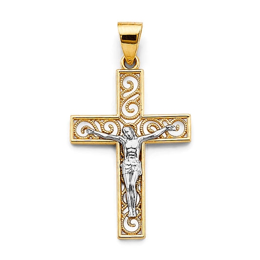 14K Two-Tone Gold Filigree Crucifix Pendant