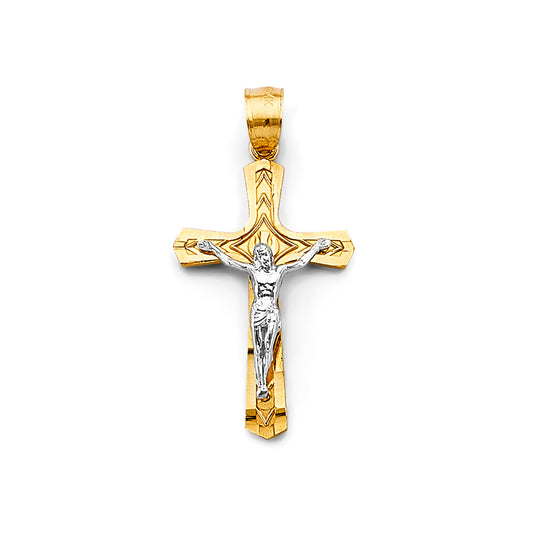 14K Two-Tone Gold Engraved Crucifix Pendant