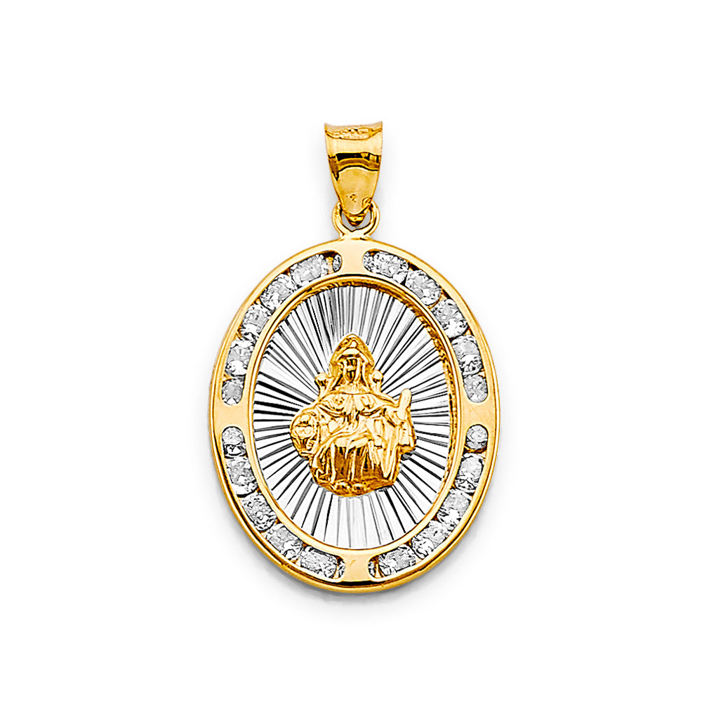 14K Two-Tone Gold Sacred Heart Oval CZ Medallion Pendant aprox 1" tall