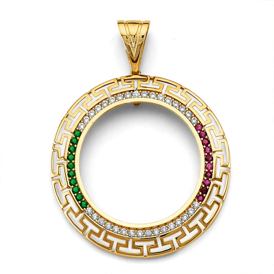 14K Yellow Gold Greek Key 50 Pesos / Centenario Pendant with Multicolor CZ Stones