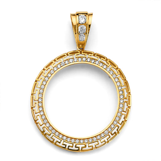 14K Yellow Gold Greek Key 50 Pesos / Centenario Pendant with CZ Accents